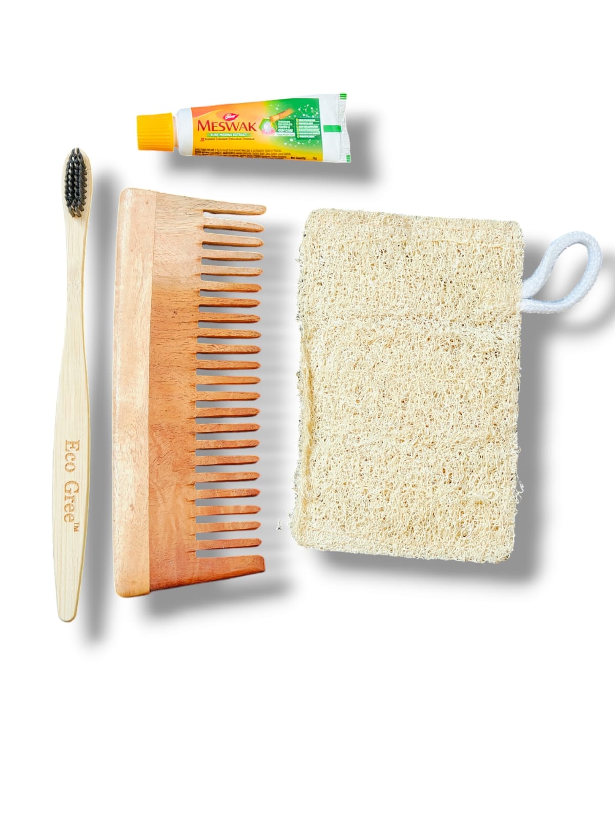 Eco Gree All-Natural Travel Kit | Bamboo Toothbrush, Shampoo Comb, Loofah & Meswak Toothpaste