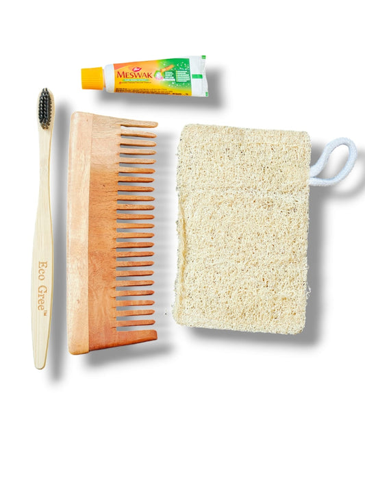 Eco Gree All-Natural Travel Kit | Bamboo Toothbrush, Shampoo Comb, Loofah & Meswak Toothpaste